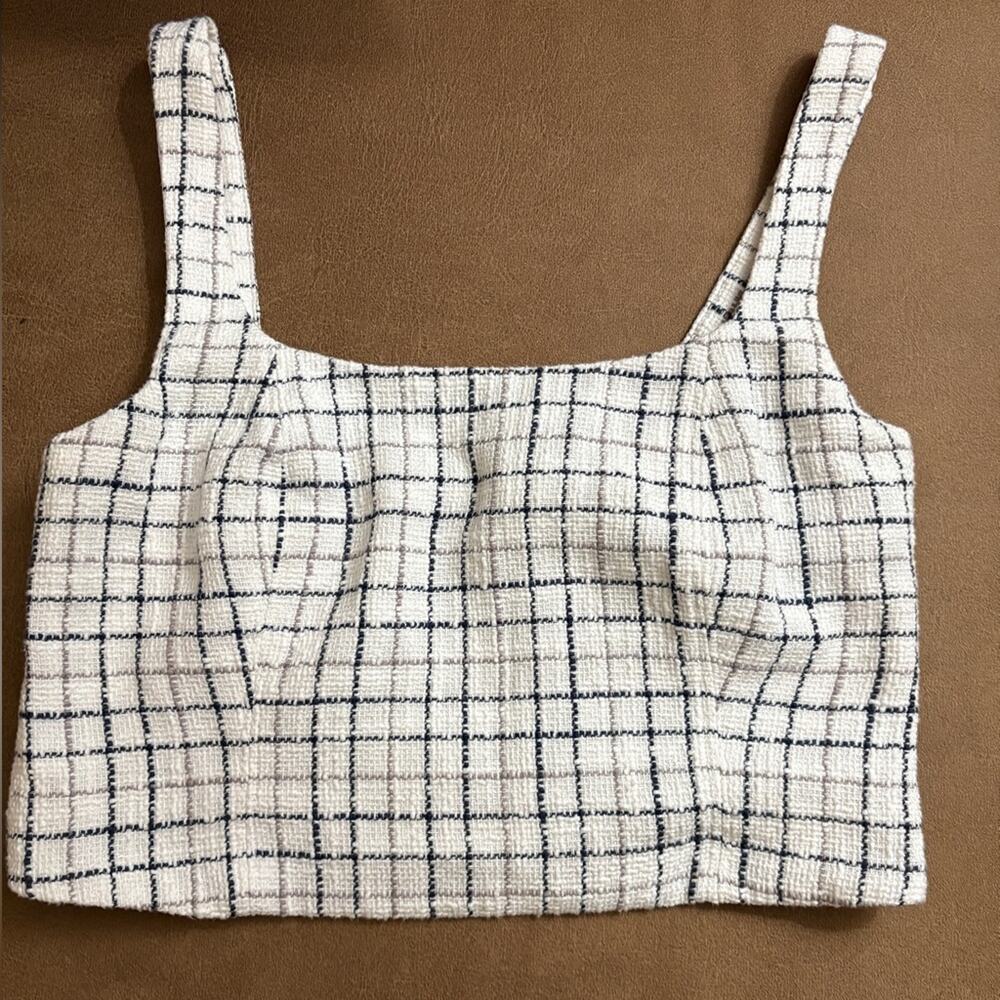 Abercrombie & Fitch White and Black Plaid Tweed Crop Top Size S